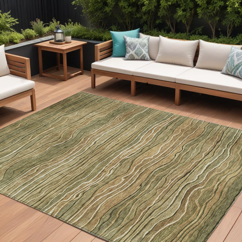 Tapis d'extérieur lavable abstrait vert et taupe 10 pi x 14 pi Arpin