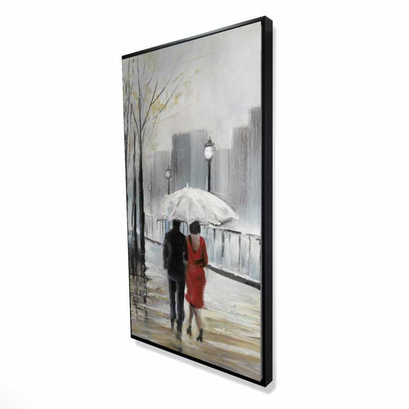 Couple marchant sous la pluie - Art sur toile encadrée, H 49,25 po x l 25,25 po