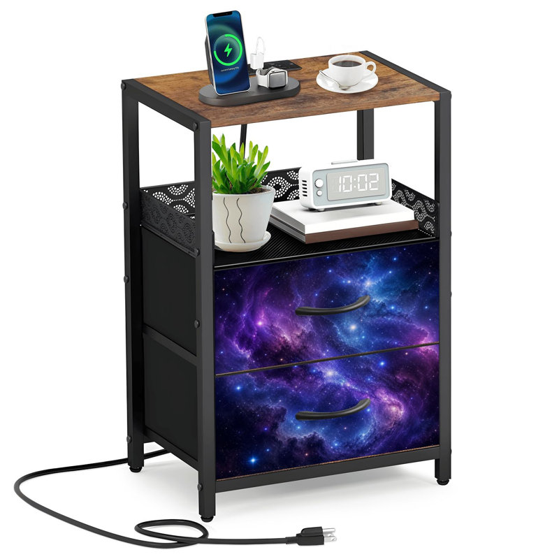 Table de chevet 2 tiroirs en tissu avec station de charge Cosmic Nebula