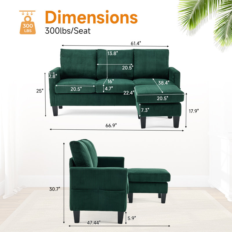 68.5 In. W Square Arm Corduroy L-Shaped 3-Seat Sofa With Storage Ottoman, Green