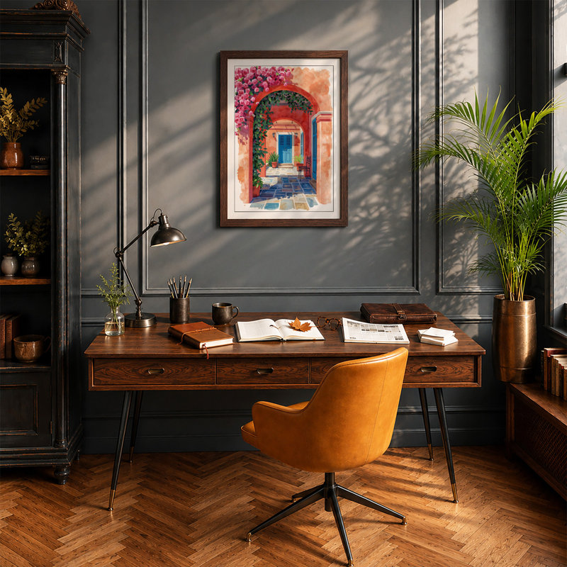 Mediterranean Courtyard Boho - Framed Print, A1 - 84.1 x 59.4 cm, Walnut