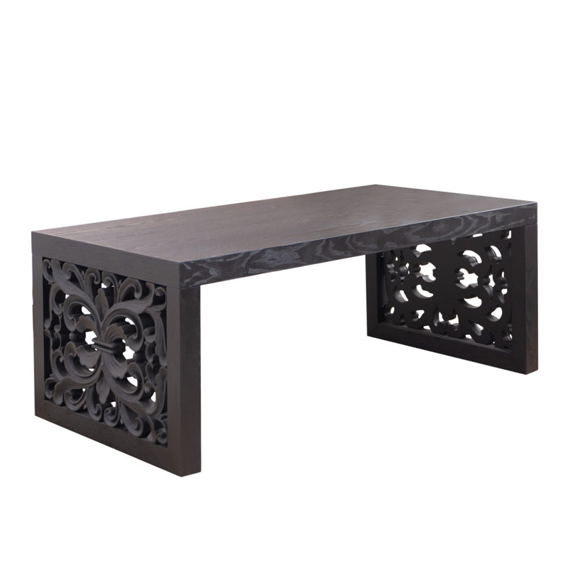 Table basse 47,2 "en bois massif sculpté - aspect fabriqué à la main avec panneaux latéraux ornés, Noir