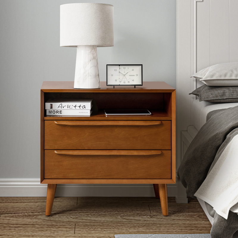 Aviannah Mid-Century Modern 2 - Drawer Nightstand With Built-In Charging Station And Legs And Open Shelf, Acorn