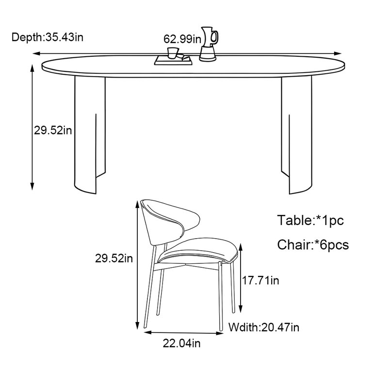 Sophisticated retro-style oval dining table set, 29.52"H x 62.99"L x 35.43"W