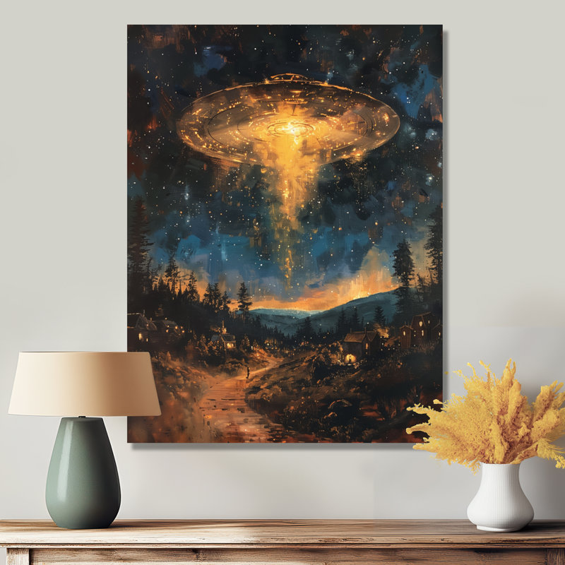 Jaune jaune bleu ciel visiteur Ufos - décoration murale Ufos, Toile tendue, H 32 po x l 24 po x P 1 po