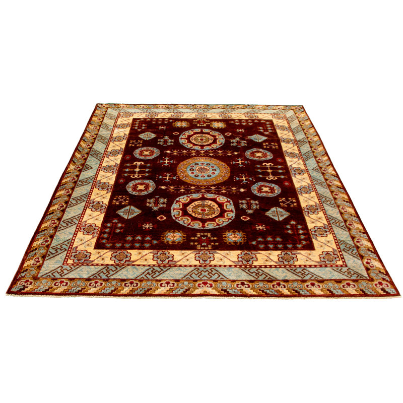 Tapis décoratif en laine de conception unique 7 pi 11 po x 9 pi 10 po noué à la main New Age en brun/beige