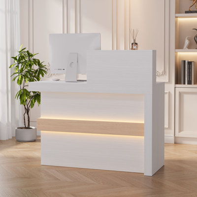 White Modern Reception Desk With LED Lights, Power Outlet, Drawer And Cabinet For Office