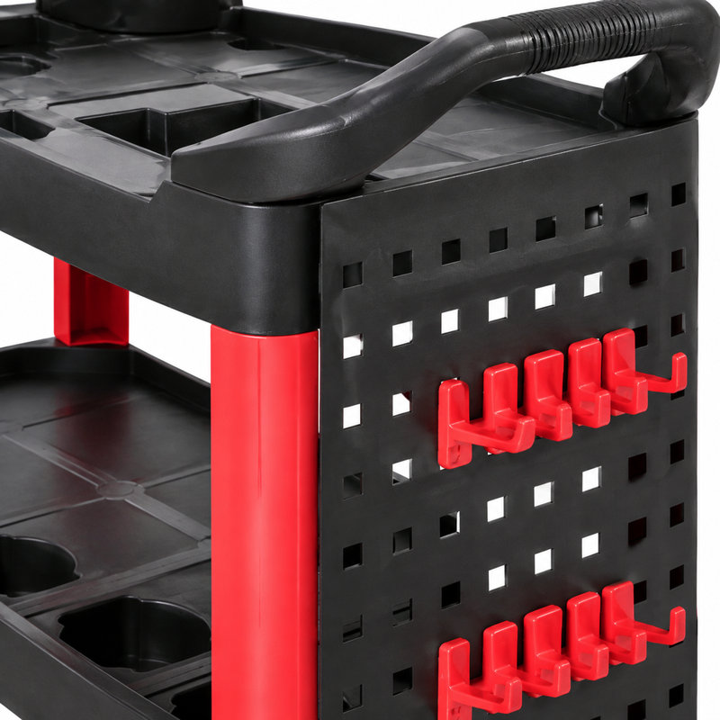 Chariot de service à 3 niveaux sur roues, capacité de 90 kg, rangement d'outils roulants en plastique avec panneaux perforés et seau pour garage et atelier, noir et rouge