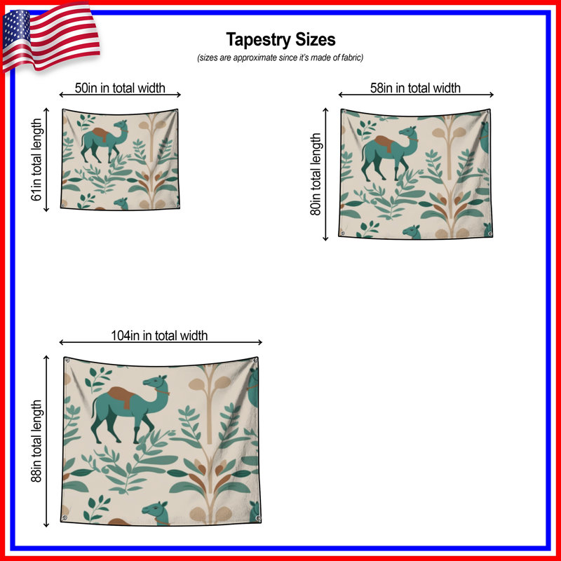 Tapisserie murale chameaux sarcelle avec feuillage - Décoration murale chameau, H 50 po x l 60 po avec 4 œillets