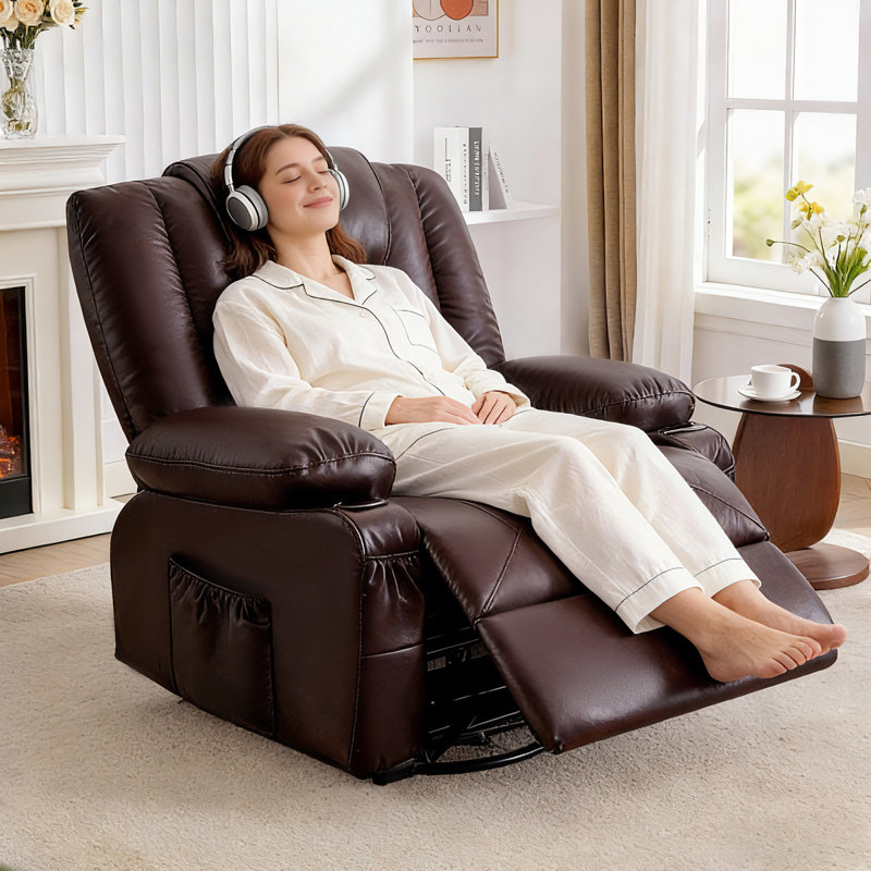 Massage Heat Recliners Leather Modern Swivel Rocker For Home Brown