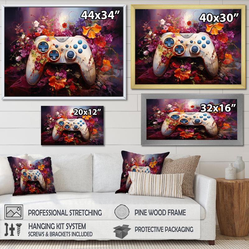 Blooming Multicolor Gaming contrôleur - art mural jeux vidéo, Cadre doré à coins fermés, H 34 po x l 44 po x P 1,5 po