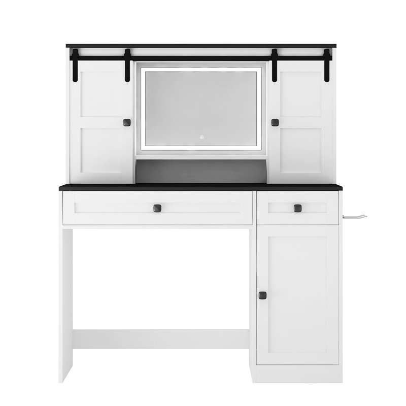 Table de maquillage de 43 po de largeur, avec miroir éclairé et compartiment latéral, meuble-lavabo de chambre blanc, tiroir, table de finition