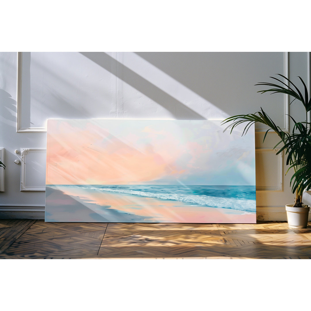 Leinwandbild gerahmt 120x60cm Blaues Meer Ozean Pastelltöne Strand Horizont