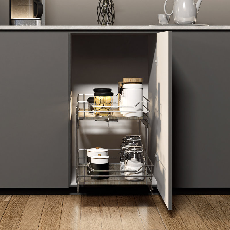 Satin Nickel and Light Brown 2-Tier Pull Out Cabinet Organizer