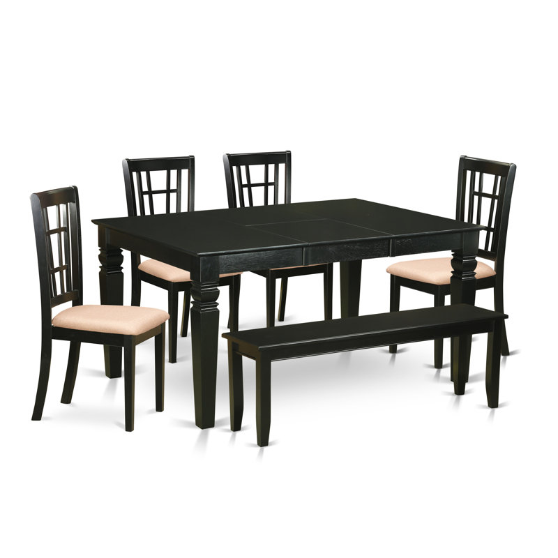 6 Piece Kitchen Table Set Contains a Rectangle Dining Table with Butterfly Leaf and 4 Linen Fabric Dining Chairs with a Bench, Black