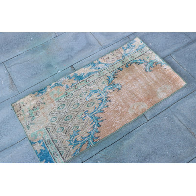 Small Handwoven Vintage Turkish Rug in Brown with Tassels Ideal for Bathroom Use