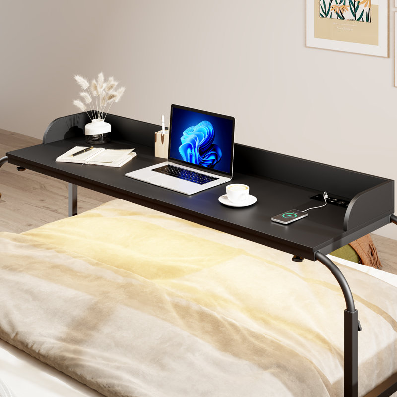 Vlsrka 69.29"-86.61" Adjustable Overbed Table With Wheels: 3-Color Smart Light, 32.67"-39.37" Height Rolling Desk (Queen/Full Size) W/ 3-Side Baffle (30Lbs Capacity)