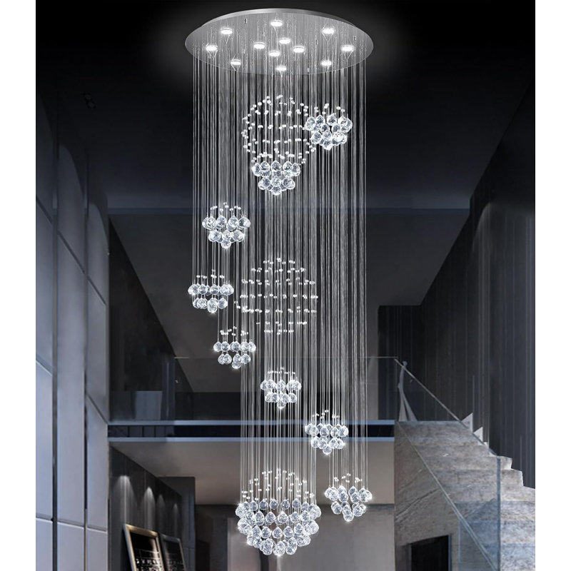 Grand lustre moderne en cristal à intensité variable, H 100 po x l 32 po x P 32 po, Argent argent