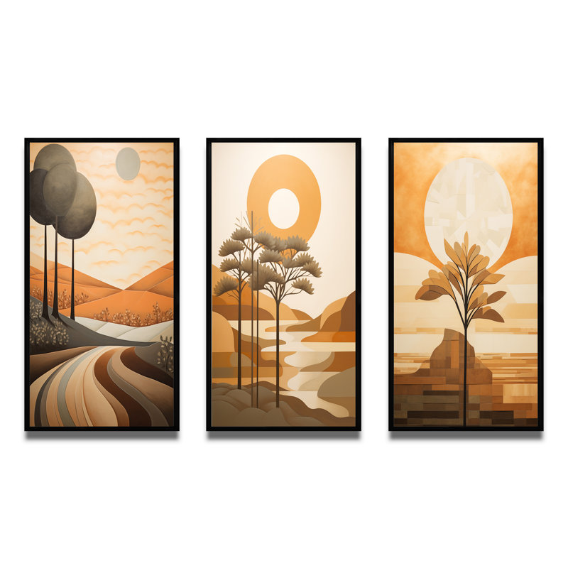 «Full Moon River Glow Retro Landscape», 3 pièces, Cadre flottant noir, H 36 po x l 28 po