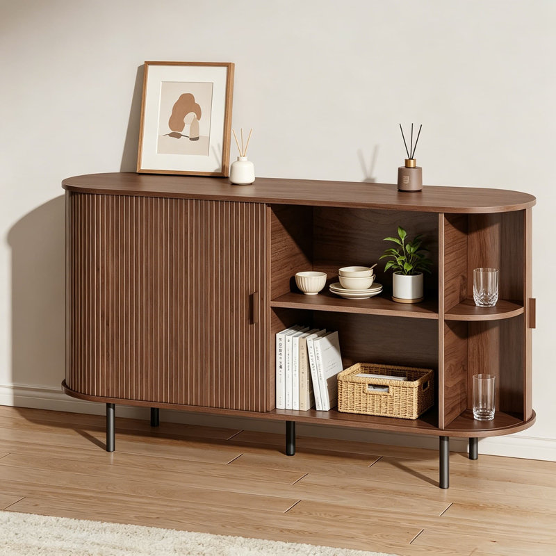 Buffet Buffet avec rangement, console à portes coulissantes cannelées de 55 pouces avec tablette réglable, café moderne pour la cuisine, la salle à manger, le vestibule