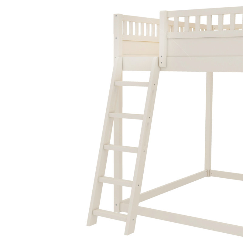 Lit mezzanine double avec tête de lit tapissier et tablettes de rangement, complet avec échelle et glissoire, beige, Beige