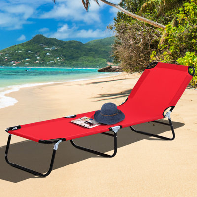 Red Patio Lounger - 5 Reclining, Foldable, Steel Frame For Outdoor Sunbathing In Beach And Yard Folding Reclining 5-Level Back, Frame, Red,