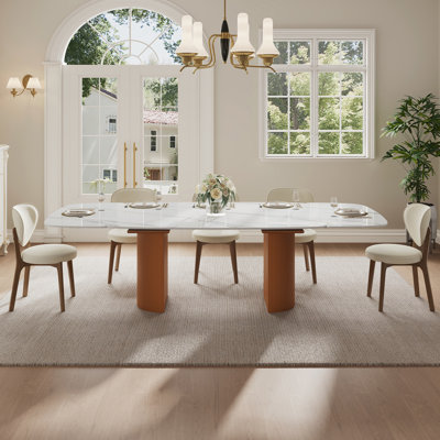 63-94.5" Modern Extendable Retangular Dining Table For 4-10, Sintered Stone Table Top, With Brown Wood Double Base