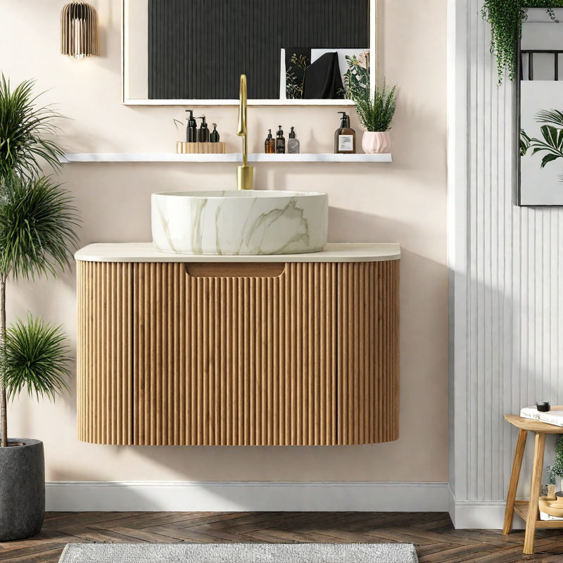 Modern Floating Vanity And Sink Set, Durable Ceramic And Sintered Stone, Space-saving Design