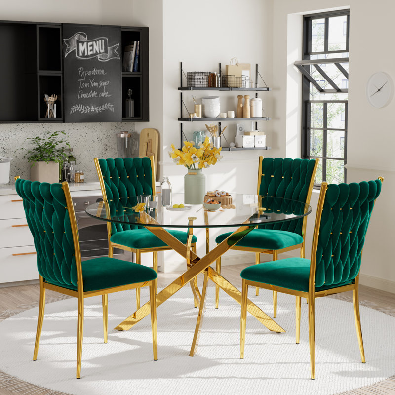 Glass Round Dining Table Set with Luxury Velvet Upholstered Dining Chairs, Brown, 5 Pieces: Table, 4 Chairs