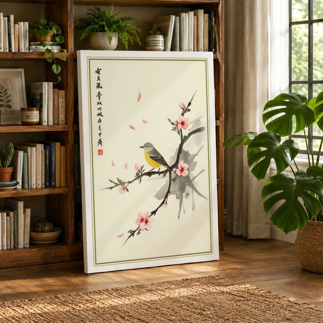 Blossoming Branch with Bird Japandi - Wrapped Canvas