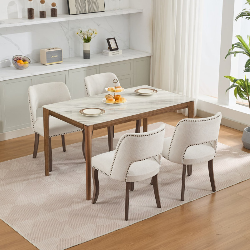 Wooden Dining Chairs Set of 4, Modern Fabric Upholstered Dining Room Chair Kitchen Chairs, Beige