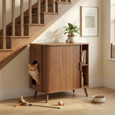 Walnut Finish Hidden Cat Litter Cabinet With Storage & Multipurpose Side Table
