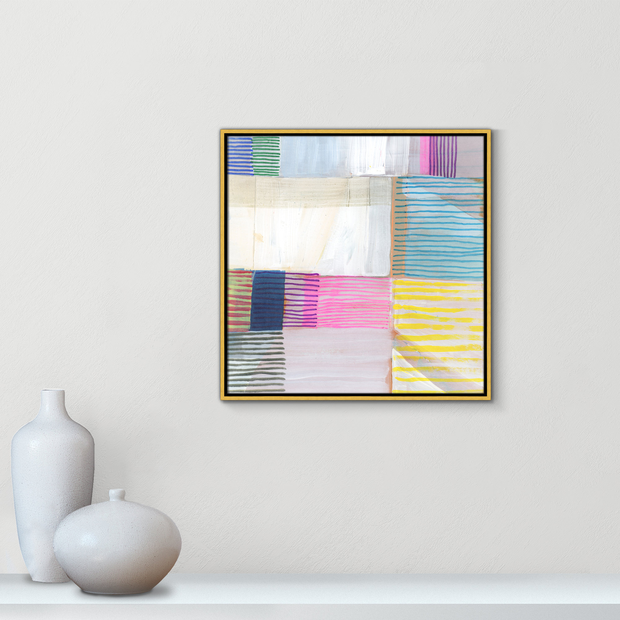 Bright Net III by Cartissi - Floater Frame Painting on Canvas, 25.5" H x 25.5" W x 2" D, Gold Framed