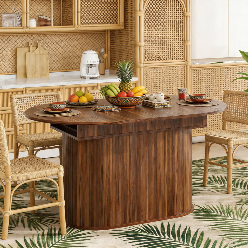 Table de salle à manger extensible en forme d'arc avec des pieds rayés, pouvant accueillir 4 à 6 personnes et convenant au salon ou à la cuisine.