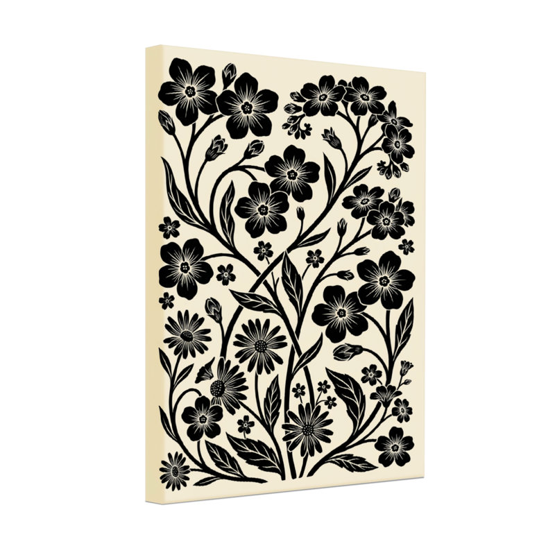 Plantes et fleurs à motif floral noir sur fond crème, H 18 po x l 12 po