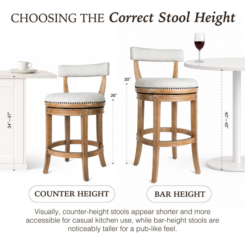 Maven Lane Alexander Stool with Fabric Upholstery, Weathered Oak, Counter Stool (26" Seat Height)