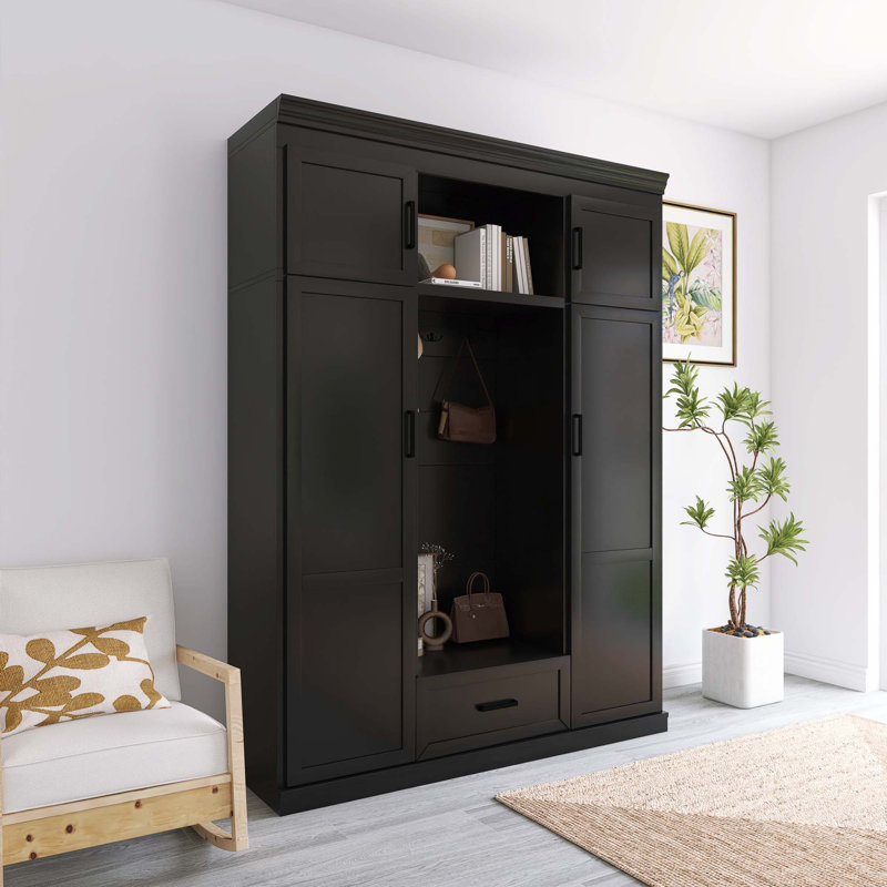 Arbre d'entrée 85,2 po H noir avec armoire et 3 crochets, Noir