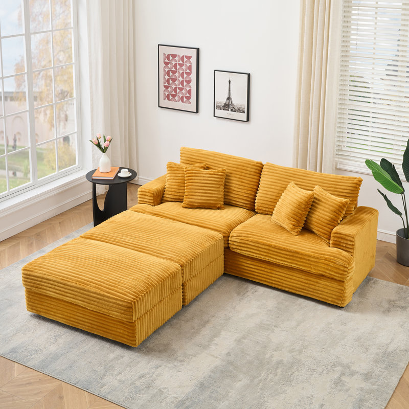 79.3'' Corduroy Comfortable 3 Seater Sofa  With Ottoman, Orange