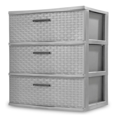 Sterilite 3 Drawer Wide Storage Tower, Plastic Weave Home Organizer, Cement