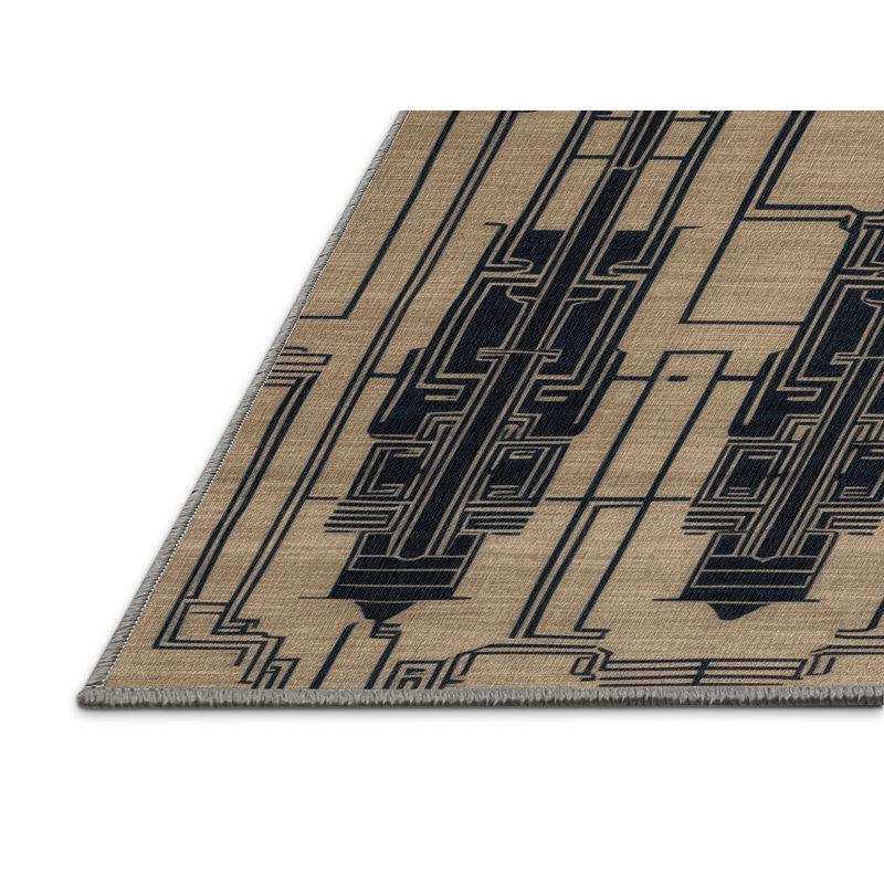 Tapis gris art déco lavable à la machine, Rectangulaire 7 pi x 10 pi