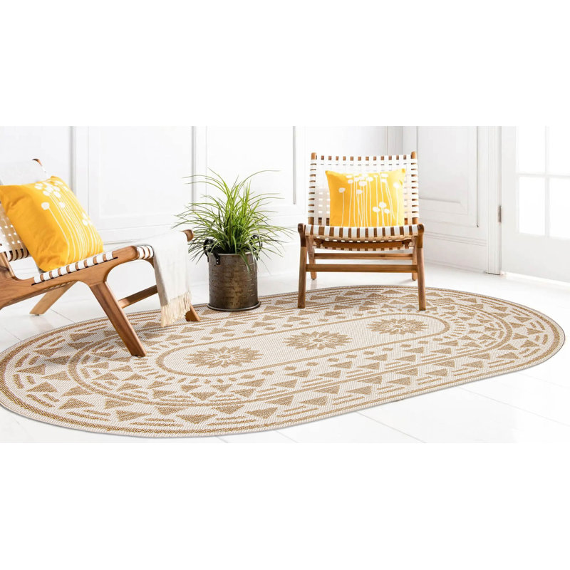 Tapis oriental en polypropylène taupe / brun / beige tissé à plat à la machine 4 pi x 6 pi Areen, Ovale 8 pi x 10 pi