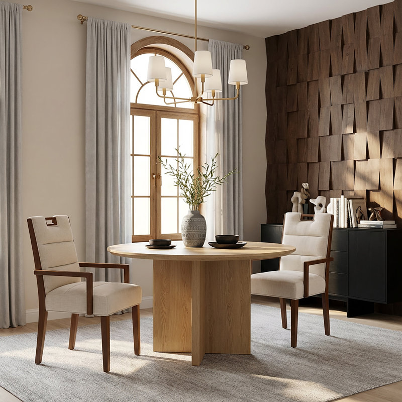 Linden Mid-Century Modern Upholstered Dining Armchairs with Rubberwood Frame, 2, Beige Cushion/Walnut Frame