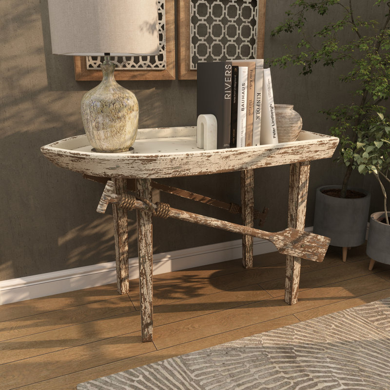 Cates Wood Distressed Boat Shaped Tray Top Side End White Accent Table with Oar Detailed Legs