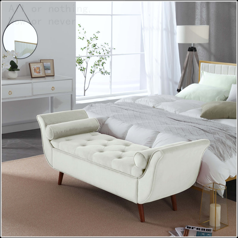 Vintage Tufted 65-inch Long Bench, Velvet Upholstered Storage Ottoman with Classic Retro Design, Beige, Brown Wood