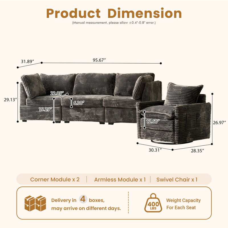 Ensemble de salon 3 pièces - Canapé modulaire 3 places avec fauteuil pivotant, Gris