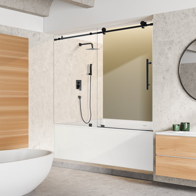 - W x 58'' H Single Added Door Frameless Tub Door with, Black