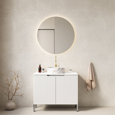 30" Bathroom Vanity, White Ceramic Basin, Counter, Double - Door Storage, Quiet Closing Feature, Use Freestanding Cabinet With Round Sink, Stone Two Design And Silent Functionality