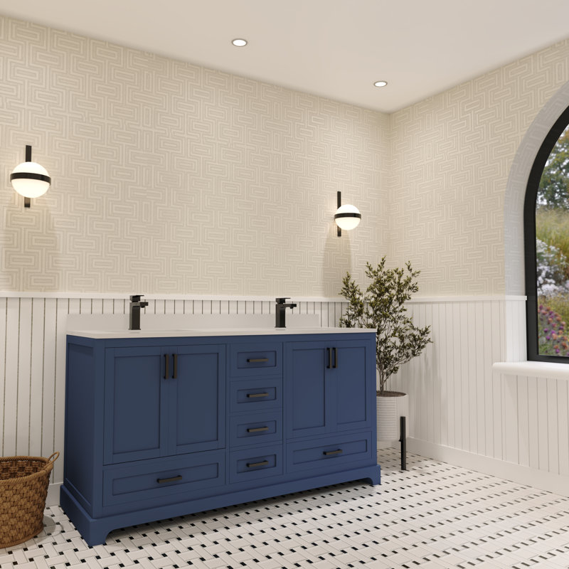 Meuble-lavabo double 60 po Maya avec comptoir en quartz blanc Maya, Bleu, Noir mat