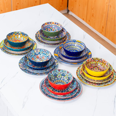 Boho Style 24 Pieces Dinnerware Sets, Plates And Bowls Set Of 24, Porcelain Dishes Set For 6, Microwave And Dishwasher Safe, Scratch Resistant, Bohemian Style Dining Ware Service For 6