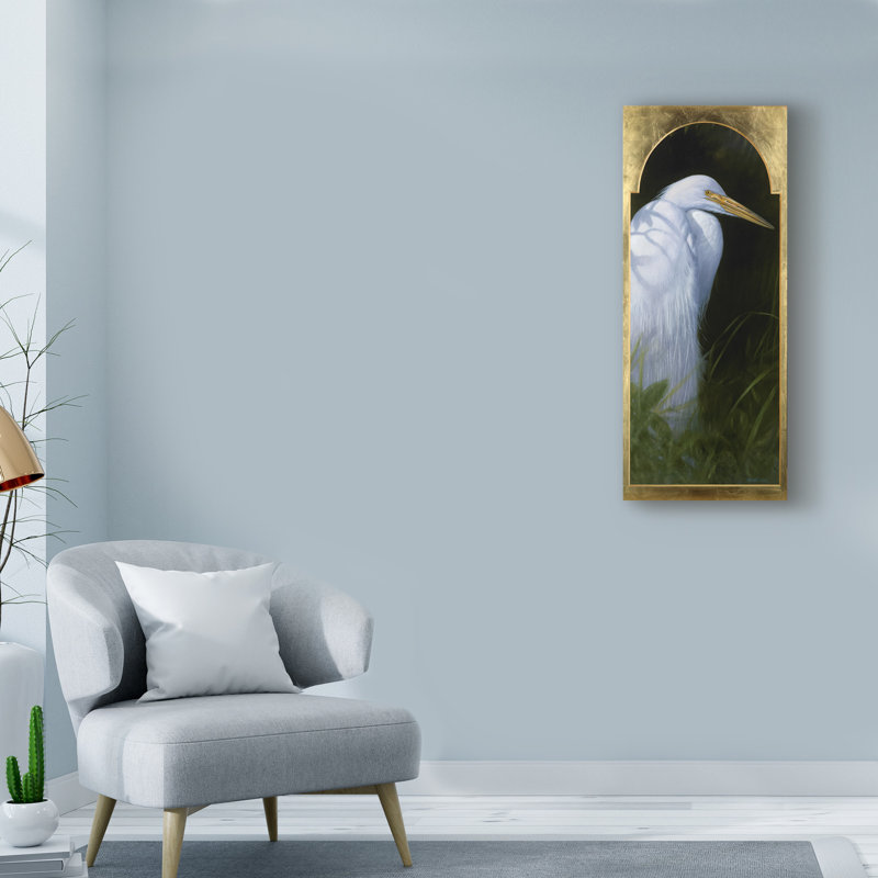 « gold frame aigrette », reproduction de peinture à l’acrylique sur toile tendue, H 19 po x l 8 po x P 2 po